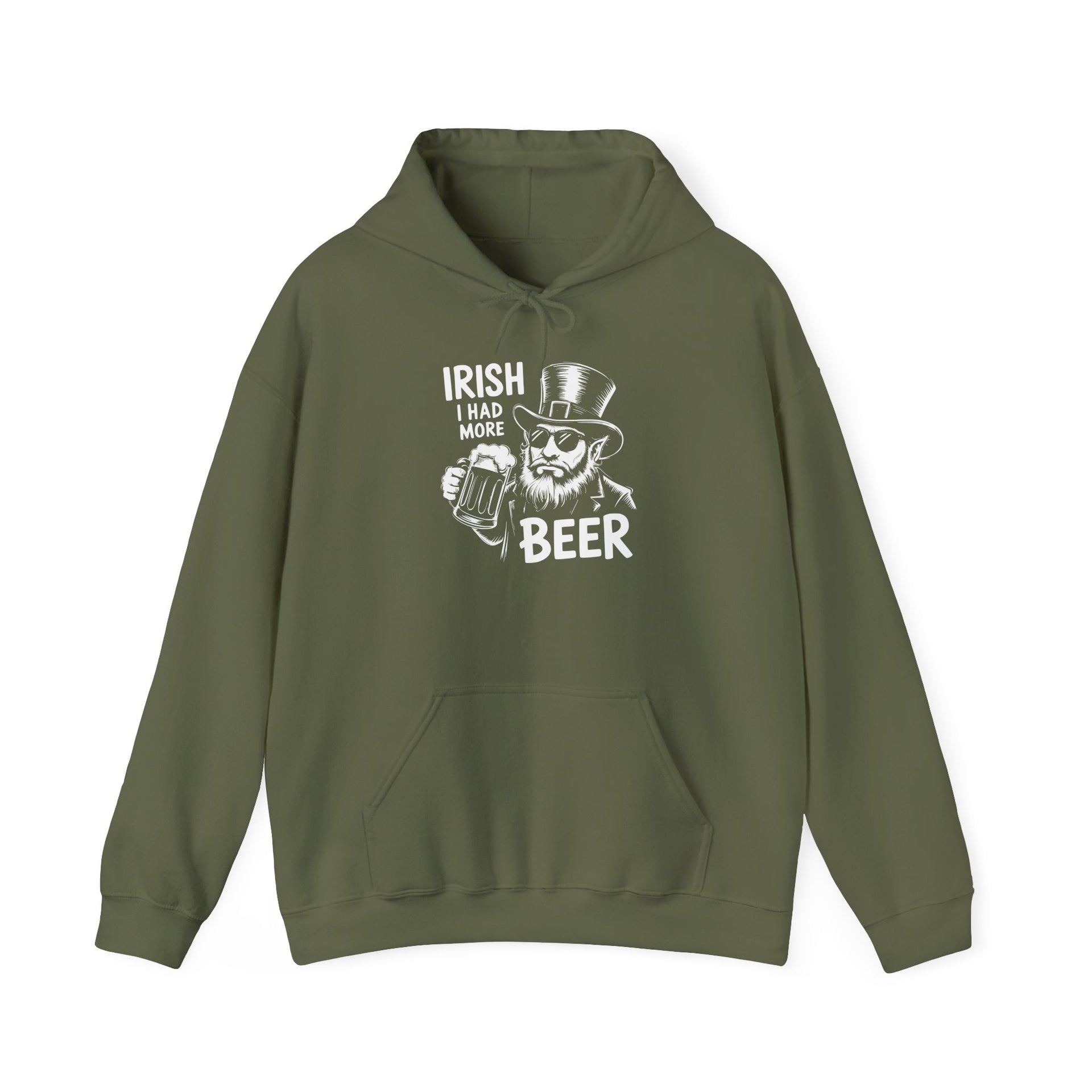 a green hoodie with 'Irish I Had More Beer' text and a leprechaun graphic funny St Patricks Day pub crawl and parade design