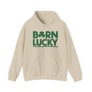 beige hoodie with 'Born Lucky' text funny st patricks day design