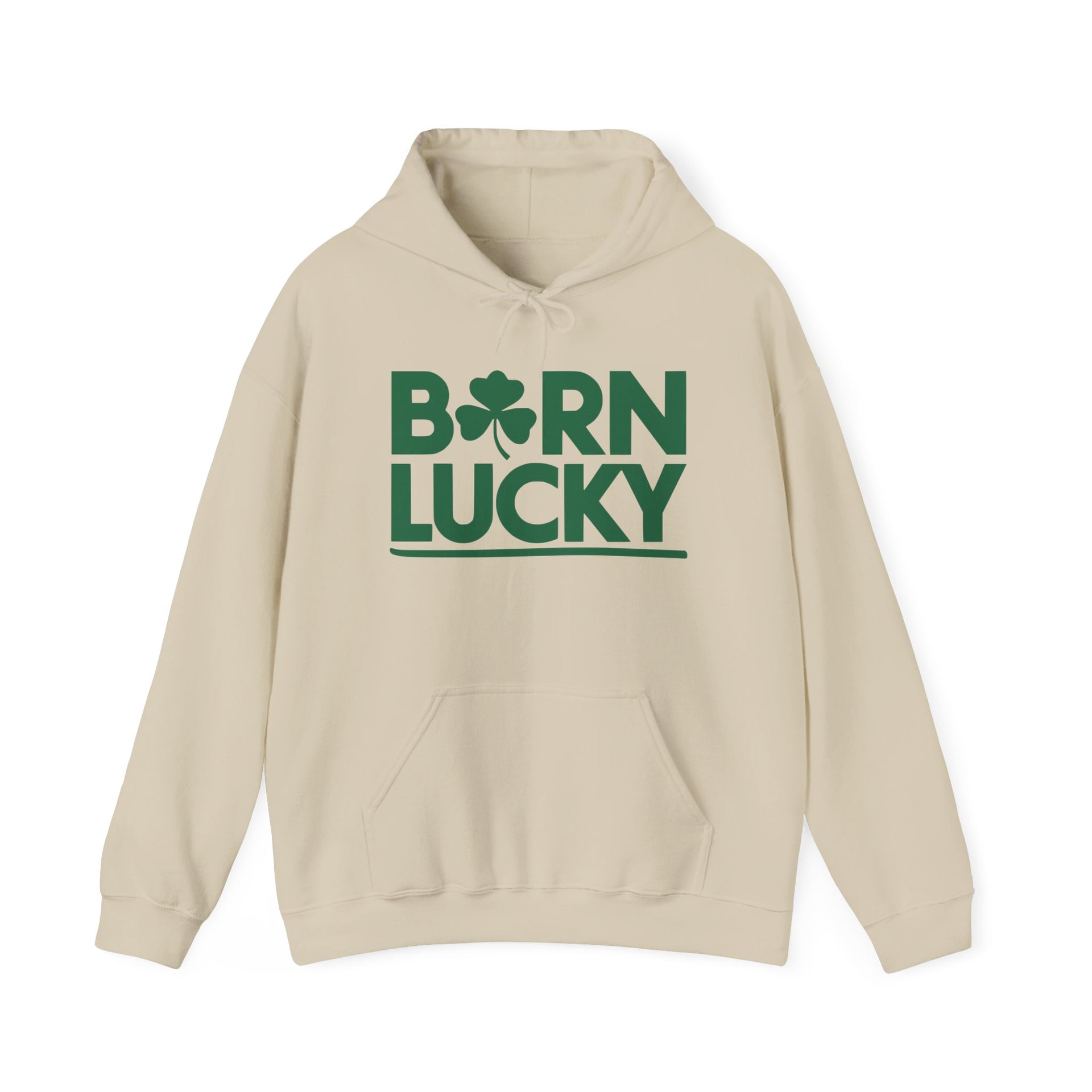 beige hoodie with 'Born Lucky' text funny st patricks day design