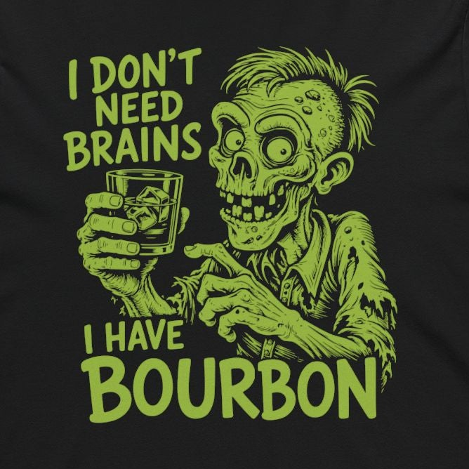 A black long-sleeve hoodie with a lime green graphic on the front showing a zombie holding a tequila glass, with the text 'I DON'T NEED BRAINS I HAVE TEQUILA'.