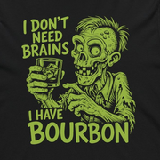 A black long-sleeve hoodie with a lime green graphic on the front showing a zombie holding a tequila glass, with the text 'I DON'T NEED BRAINS I HAVE TEQUILA'.