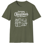 Green t-shirt with the phrase surviving christmas with the family funny christmas sweater