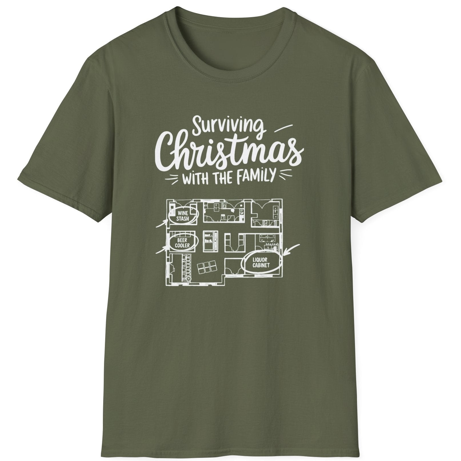 Green t-shirt with the phrase surviving christmas with the family funny christmas sweater
