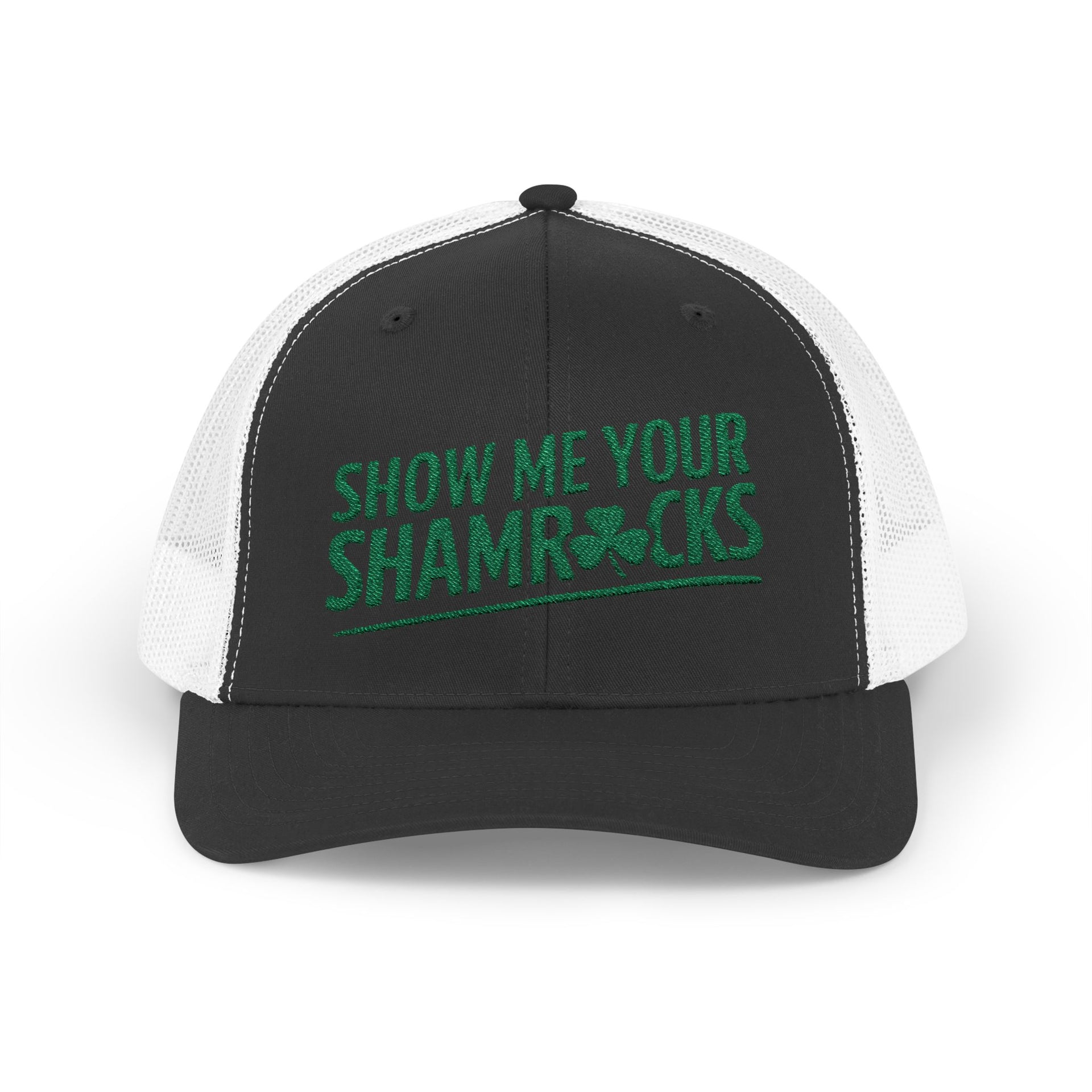 a black and white curved trucker hat with 'Show Me Your Shamrocks' text funny st patricks day pub crawl design