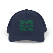 a navy curved bill trucker hat with the text 'Kiss me I'm Irish, blow me Italian' funny st patricls day pub crawl design