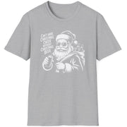 Gray  t-shirt with a graphic of Santa Claus holding a beer and the text cant have christmas cheer without christmas beer