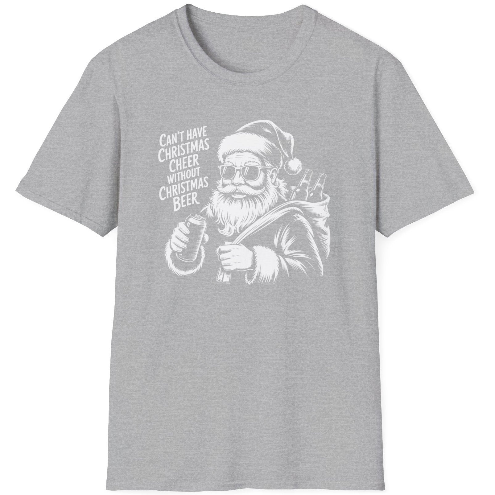 Gray  t-shirt with a graphic of Santa Claus holding a beer and the text cant have christmas cheer without christmas beer