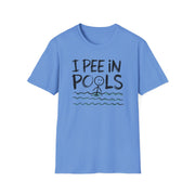 Blue t-shirt with 'I Pee in Pools' text and graphic on a white background