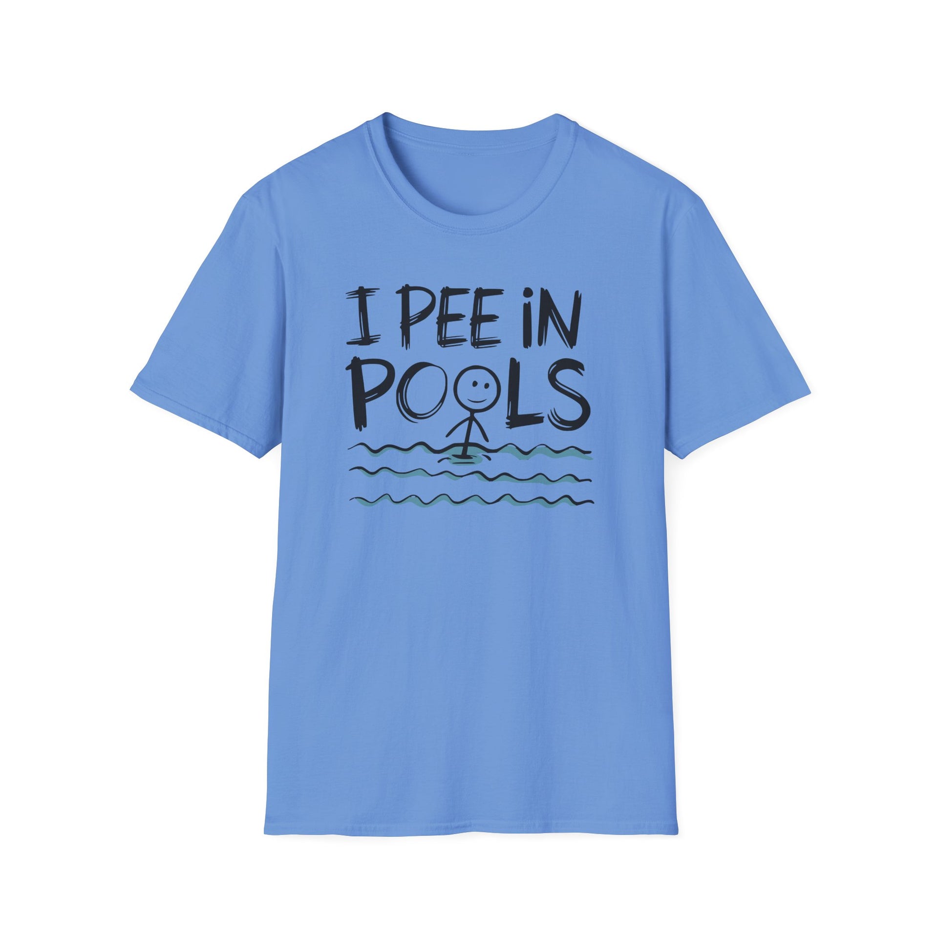 Blue t-shirt with 'I Pee in Pools' text and graphic on a white background