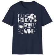 Funny Christmas Drinking Short Sleeve Shirt with wine glass and the text "Full of Holiday Spirit AKA Wine" - Navy Blue