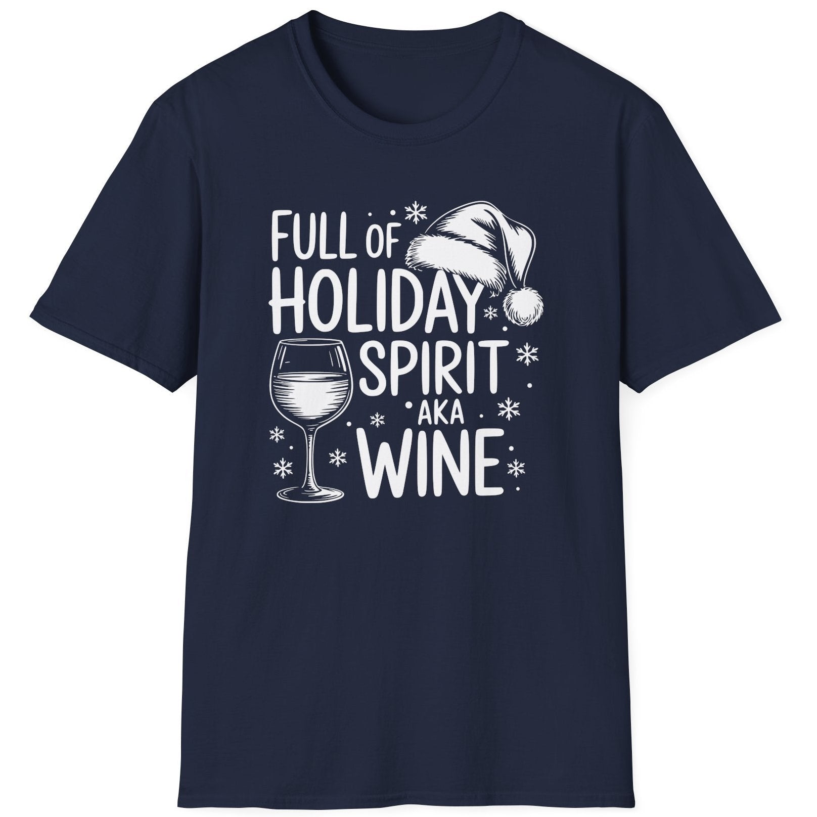 Funny Christmas Drinking Short Sleeve Shirt with wine glass and the text "Full of Holiday Spirit AKA Wine" - Navy Blue