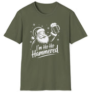 Funny Christmas Drinking Humor Short Sleeve Shirt with Santa holding a beer mug and the text and the text "I'm Ho Ho Hammered" - Military Green
