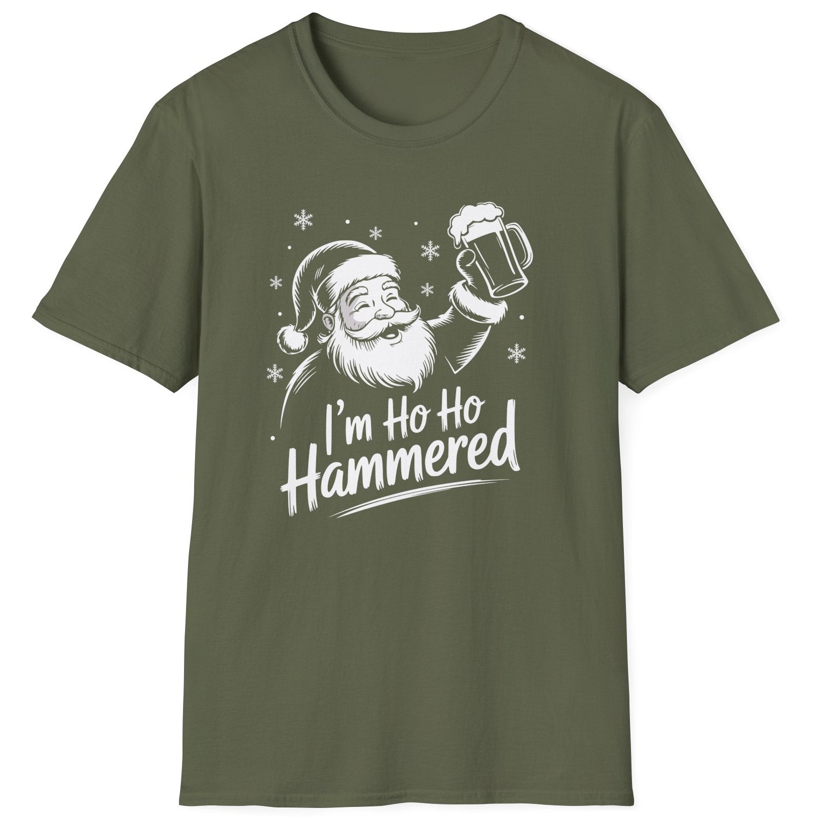 Funny Christmas Drinking Humor Short Sleeve Shirt with Santa holding a beer mug and the text and the text "I'm Ho Ho Hammered" - Military Green