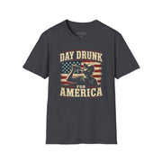 a gray t-shirt with 'Day Drunk for America' 4th of July graphic design 