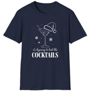 Funny Christmas Drinking  Short Sleeve Shirt with  a cocktail glass with a santa hat on top and the text "It's Beginning to Feel Like Cocktails" - Navy Blue
