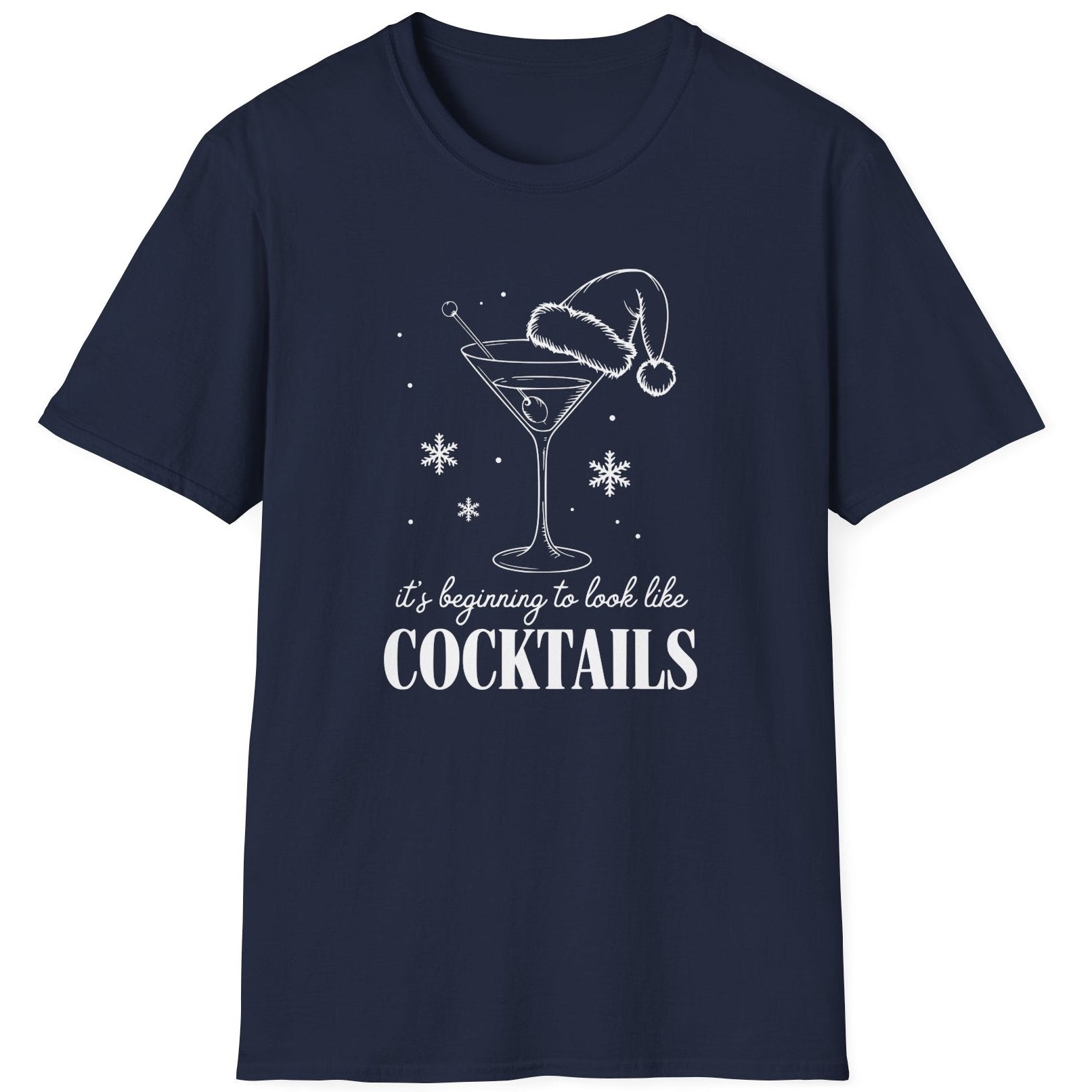 Funny Christmas Drinking  Short Sleeve Shirt with  a cocktail glass with a santa hat on top and the text "It's Beginning to Feel Like Cocktails" - Navy Blue