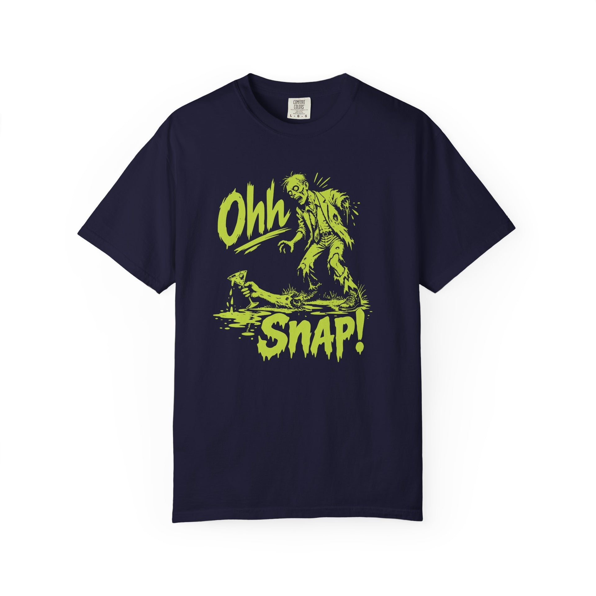 A navy blue short-sleeve t-shirt with a bright yellow-green graphic on the front showing a zombie and the text 'Ohh SNAP!'.