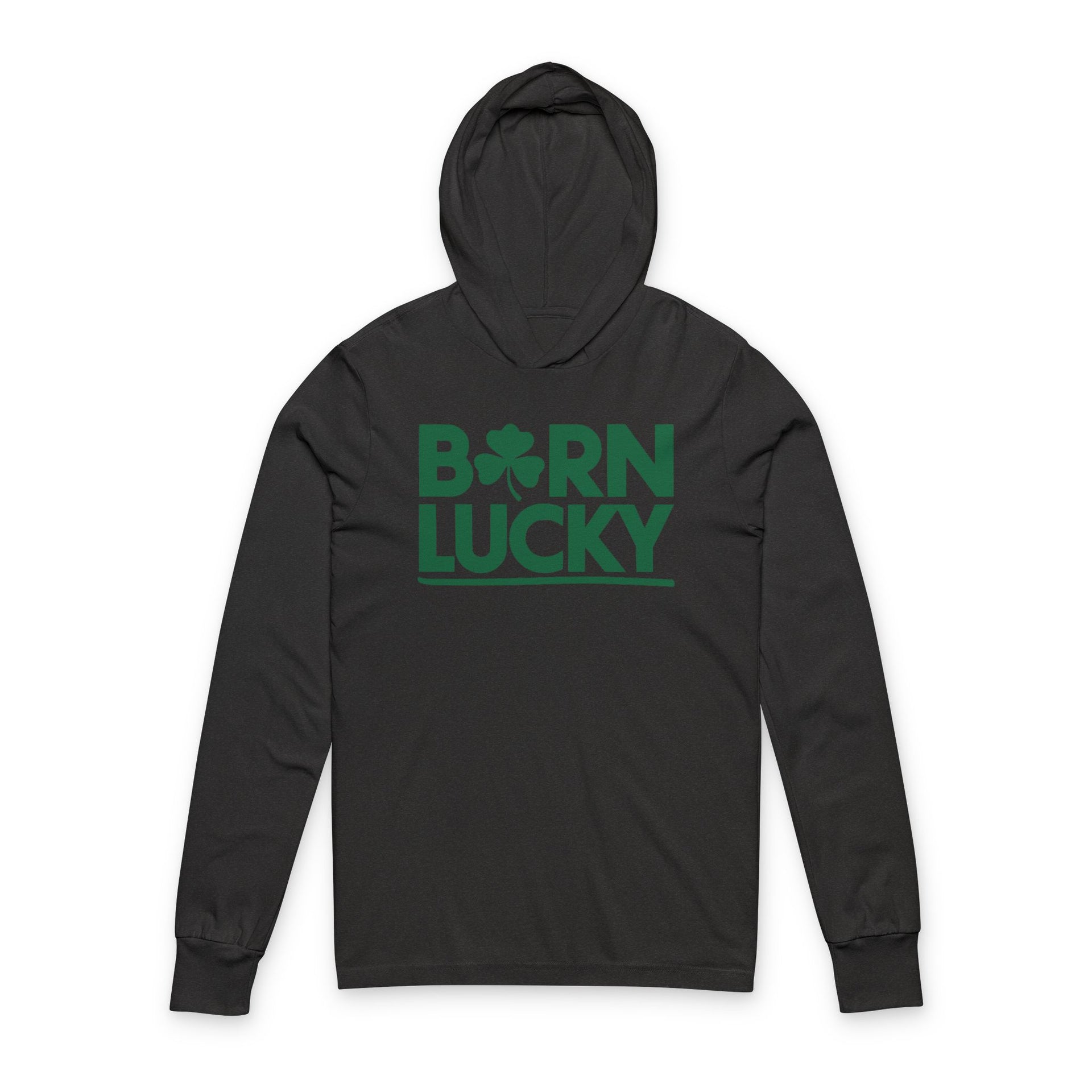 Black lightweight hoodie with 'Born Lucky' text funny St Patricks Design