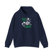 a navy hoodie with 'Irish I Had More Beer' text and a leprechaun graphic funny St Patricks Day pub crawl and parade design