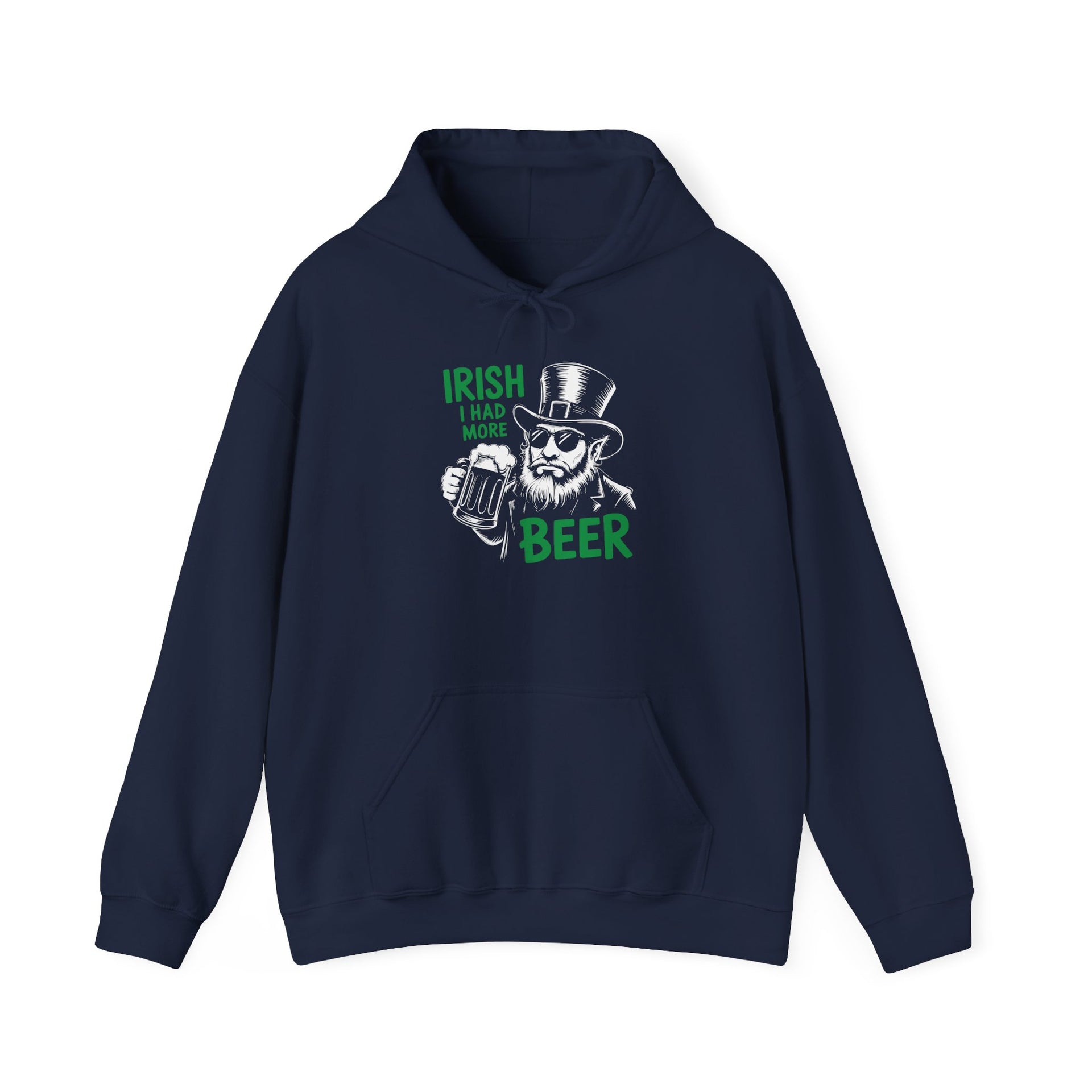 a navy hoodie with 'Irish I Had More Beer' text and a leprechaun graphic funny St Patricks Day pub crawl and parade design