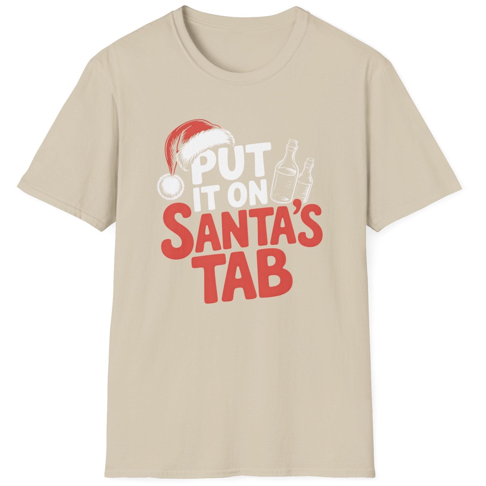 Beige t-shirt with the phrase put it on santa's tab funny christmas sweater