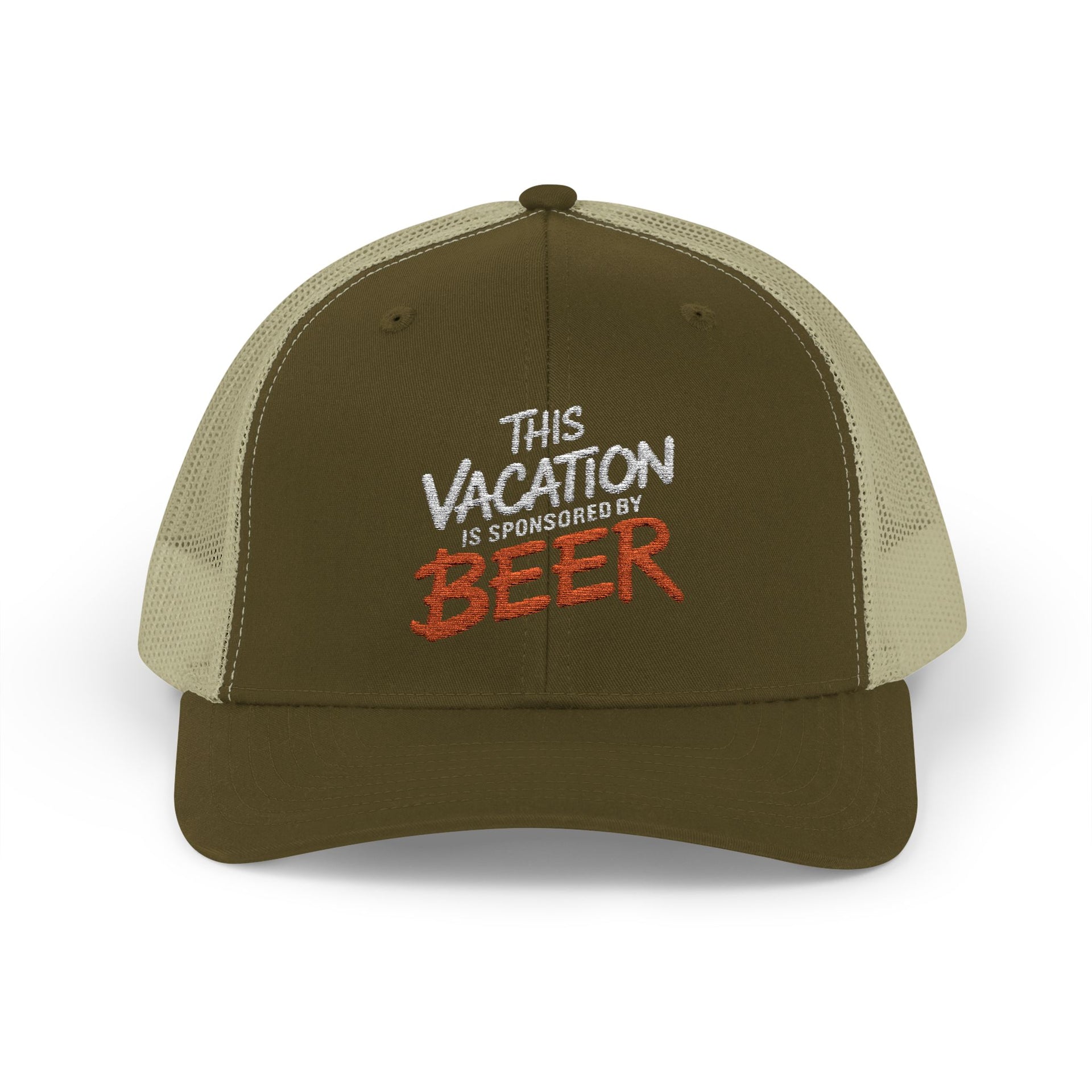 a brown and beige embroidered trucker cap  with text 'This vacation is sponsored by beer' funny spring break, beach vacation, lake season design