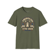 a military green t-shirt with a 'America 250' Patriotic 4th of July, Memorial Day design
