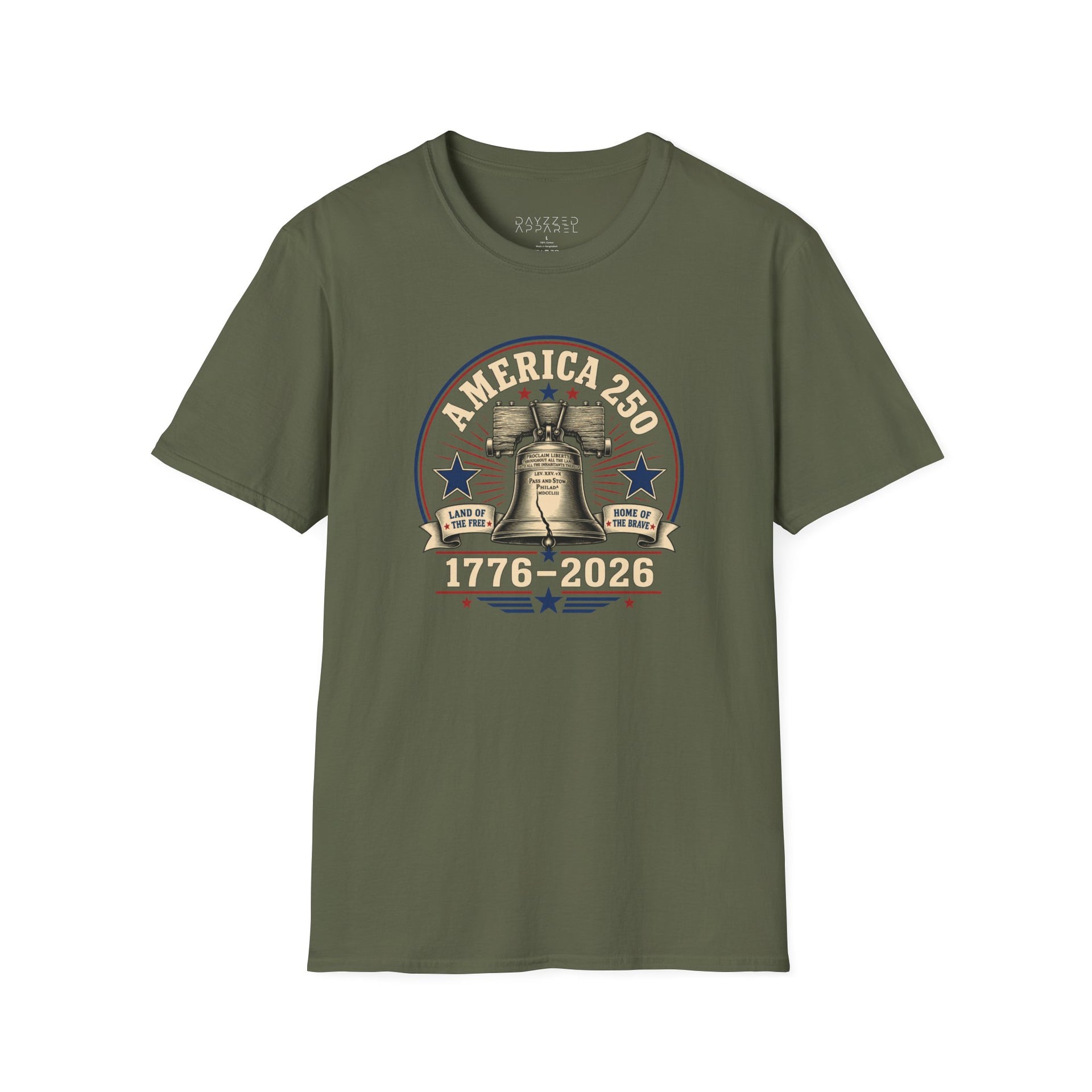 a military green t-shirt with a 'America 250' Patriotic 4th of July, Memorial Day design