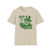 a beige t-shirt with 'Irish I had more beer' graphic design funny St Patricks Day pub crawl and parade design