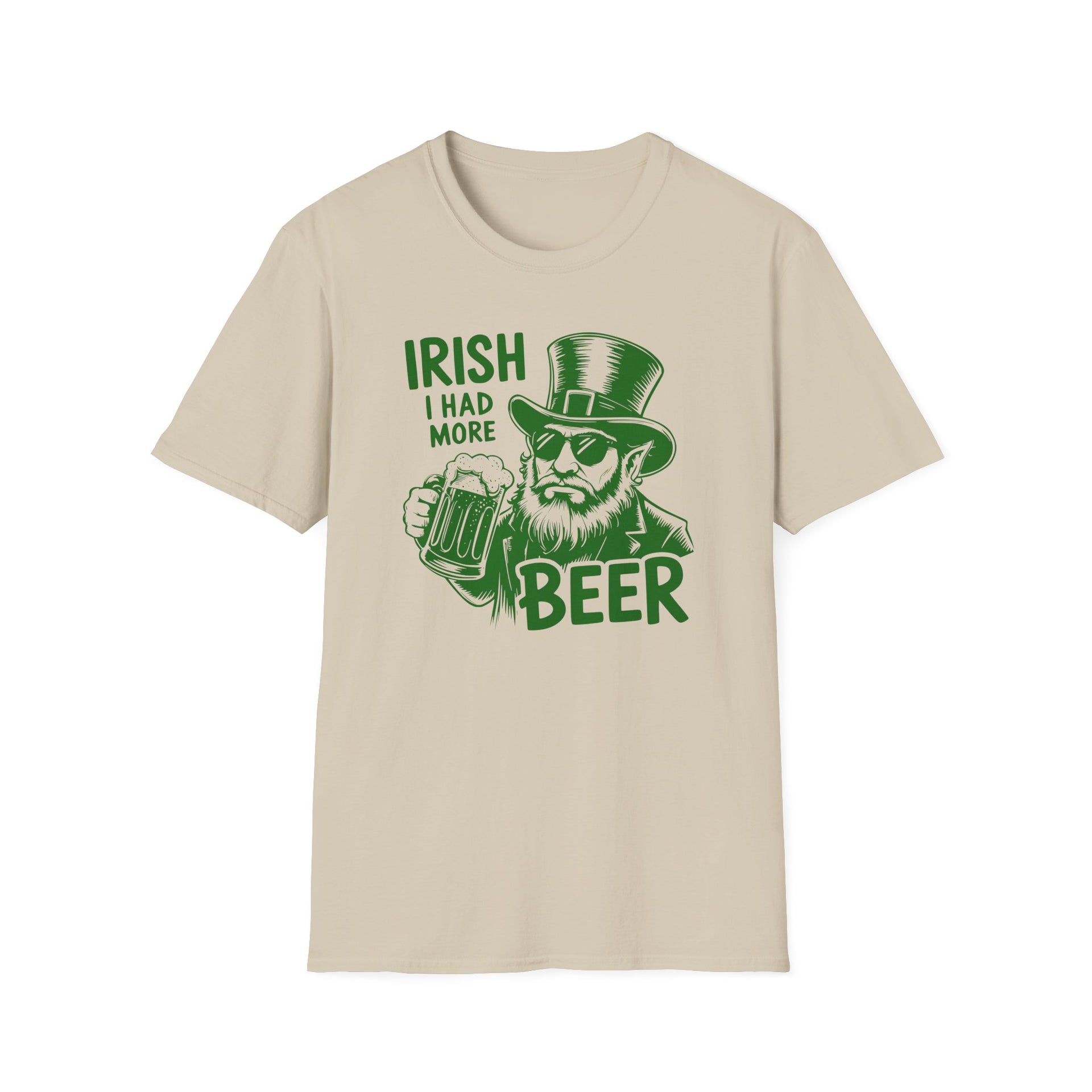 a beige t-shirt with 'Irish I had more beer' graphic design funny St Patricks Day pub crawl and parade design