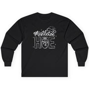 Black long-sleeve shirt with 'Mistletoe Hoe' text unny christmas tee