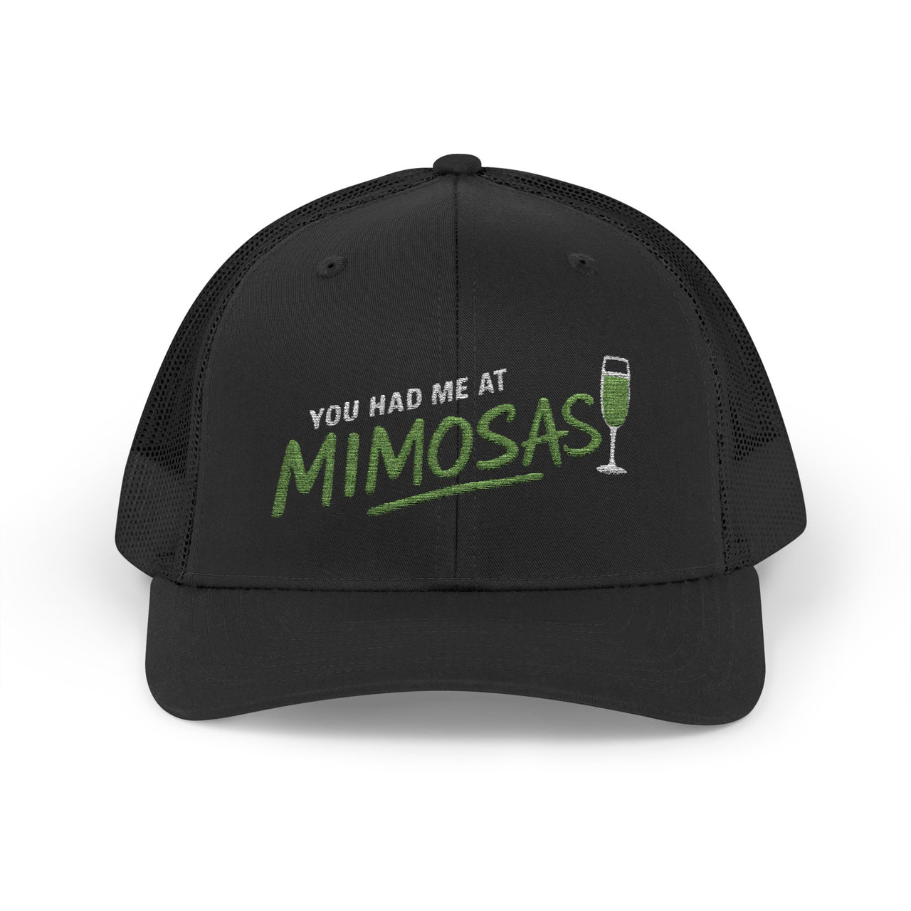 a black curved bill trucker hat with the phrase'You Had Me at Mimosas' text funny Spring break, girls trip, guys trip, beach trip, summer vacation, lake season design