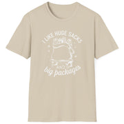 Beige t-shirt with white graphic and text on a white background