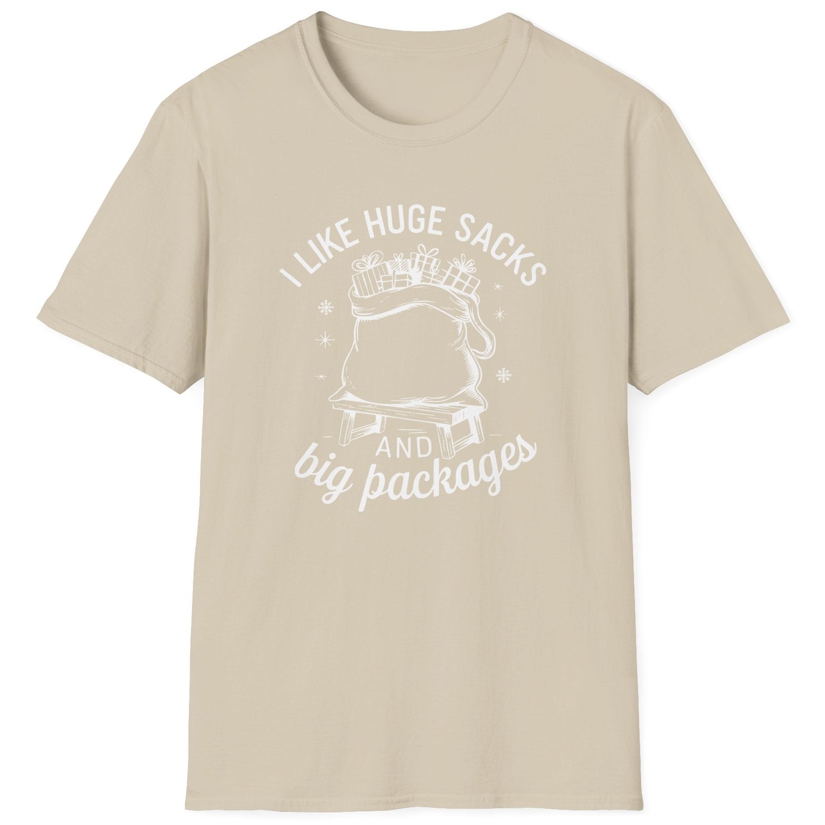 Beige t-shirt with white graphic and text on a white background