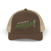 a brown and khaki curved bill trucker hat with the phrase'You Had Me at Mimosas' text funny Spring break, girls trip, guys trip, beach trip, summer vacation, lake season design
