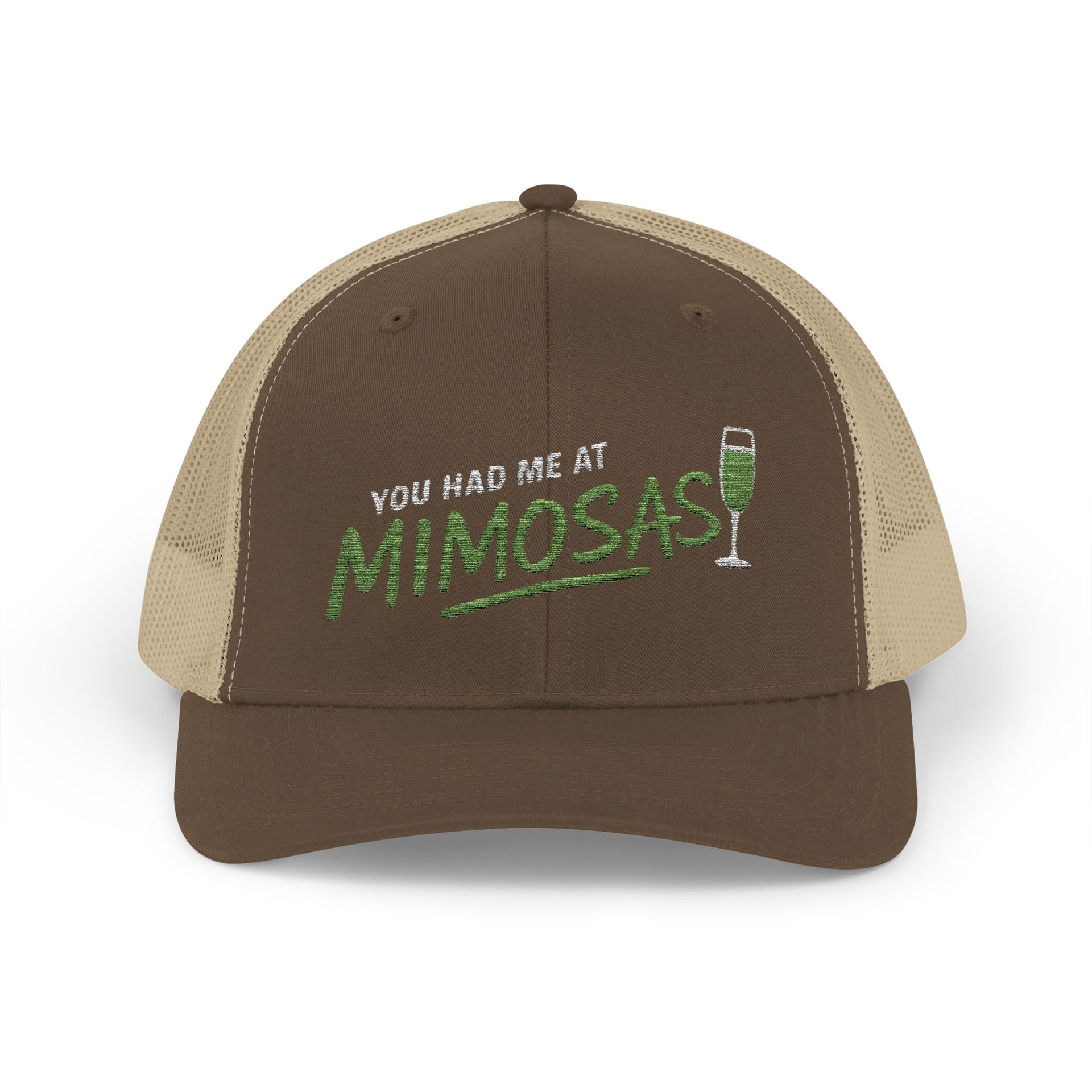 a brown and khaki curved bill trucker hat with the phrase'You Had Me at Mimosas' text funny Spring break, girls trip, guys trip, beach trip, summer vacation, lake season design