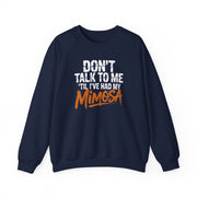 a navy sweatshirt with the text 'Don't talk to me 'til i've had my mimosa' funny mothers day, girls trip, mom life design