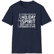 Funny Christmas Drinking Humor Short Sleeve Shirt with a Wine Bottle and the text "I'm Trying to get into the Holiday Spirit but I cant get the Bottle Open" - Navy Blue