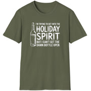 Funny Christmas Drinking Humor Short Sleeve Shirt with a Wine Bottle and the text "I'm Trying to get into the Holiday Spirit but I cant get the Bottle Open" - Military Green