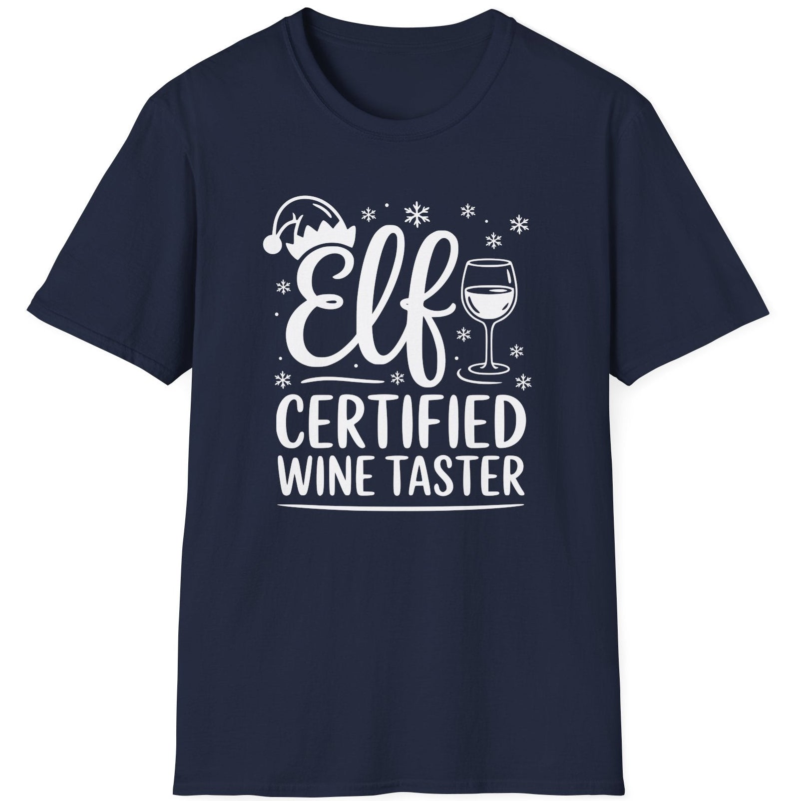 Funny Christmas Humor Short Sleeve Shirt with wine glass and elf hat and the text and the text Elf Certified Wine Taster - Navy Blue