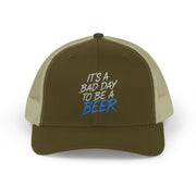  a brown and khaki trucker hat with teh phrase its a bad day to be a beer funny spring break, guys trip, girls trip, beach trip, lake season design