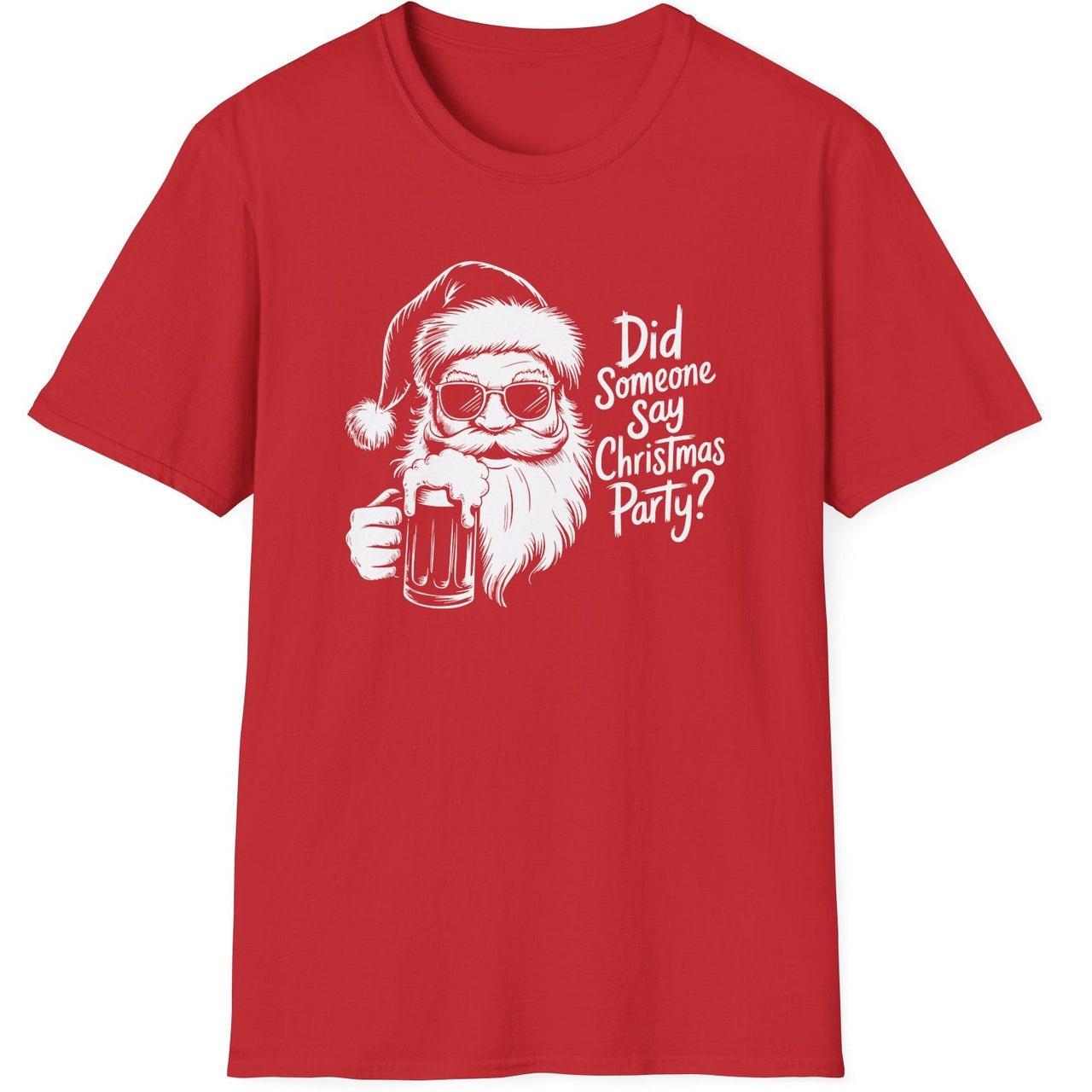 Funny Christmas Drinking Humor Short Sleeve Shirt with a Santa drinking a mug of Beer and the text "Did Someone Say Christmas Party" - Red
