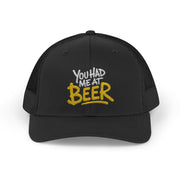 a black trucker hat with the phrase  'You Had Me at Beer' text funny spring break, guys trip, girls trip, bachelor party, bachelorette party, lake season, beach trip, summer vacation design