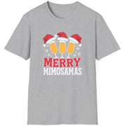Gray t-shirt  t-shirt with 'Merry Mimosamas' design featuring champagne glasses and Santa hats funny christmas sweater