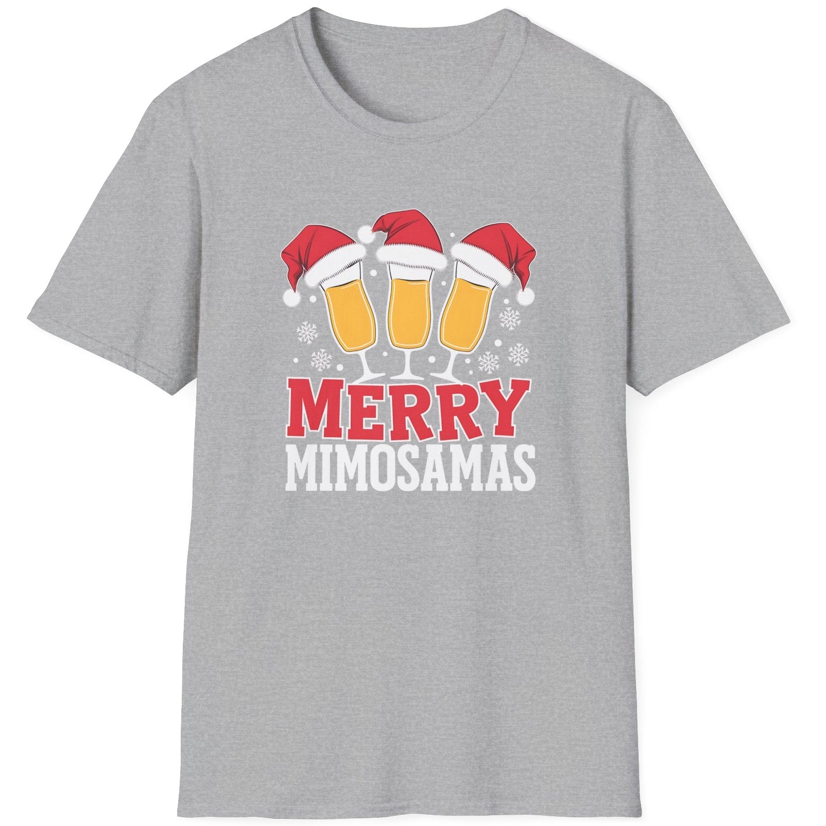 Gray t-shirt  t-shirt with 'Merry Mimosamas' design featuring champagne glasses and Santa hats funny christmas sweater