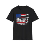 a black t-shirt with an American flag design and '250 Years Strong' text patriotic fighter jet Meorial Day, 4th of July design
