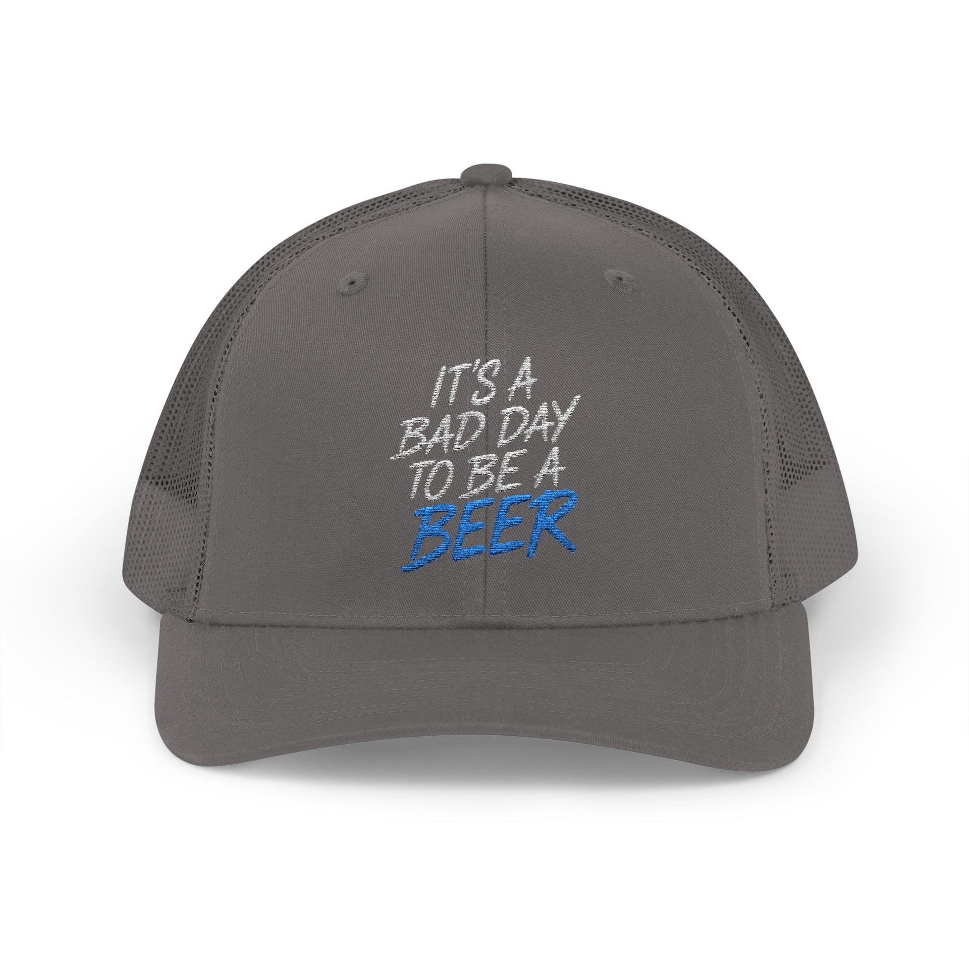  a chracoal trucker hat with teh phrase its a bad day to be a beer funny spring break, guys trip, girls trip, beach trip, lake season design