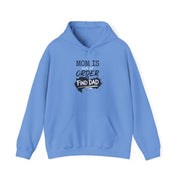 a blue hoodie with text 'Mom is out of order find dad' funny mother's day, mom life, girls trip design