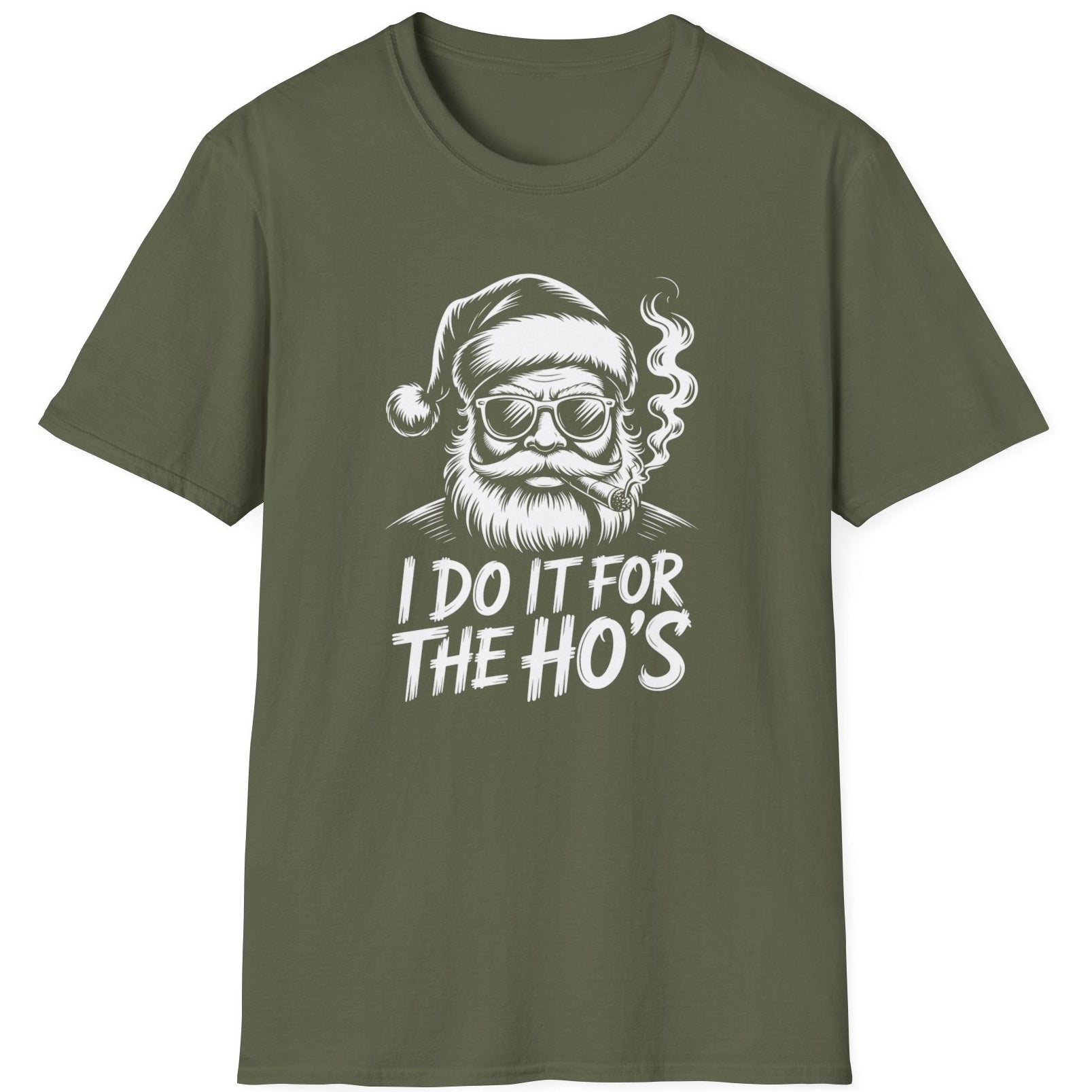 Green t-shirt with a graphic of Santa Claus and text 'I Do It for the Ho's' funny christmas sweater