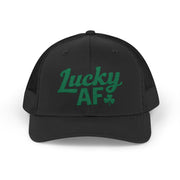  a black curved bill trucker hat with 'Lucky AF' text funny st patricks day pub crawl design